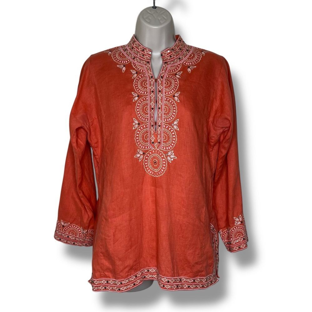 J Crew Linen Orange Embroidered Sequin Split Neck Tunic Long Sleeve Women Medium